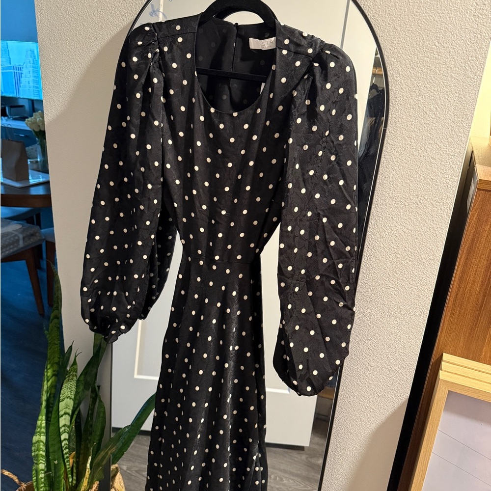 ASTR the Label Elegant Black Polka Dot Dress with sides/ back cutout, NWT